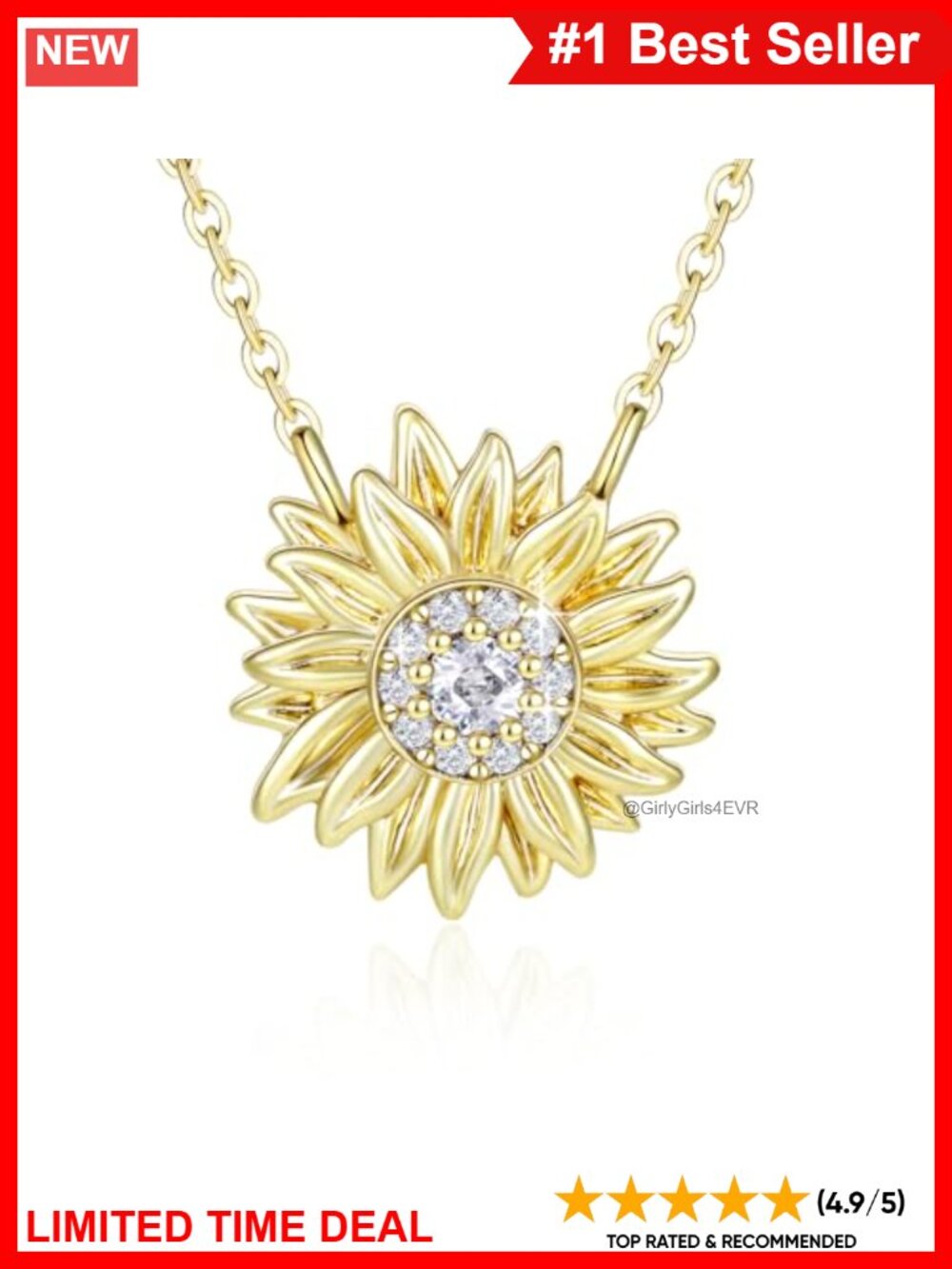 Cubic Zirconia Sunflower Heart Pendant Necklace Rhodium Plated Women Gift